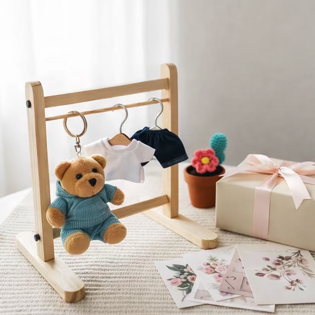 Cuddly Bear in Clothes Plush Keychain 